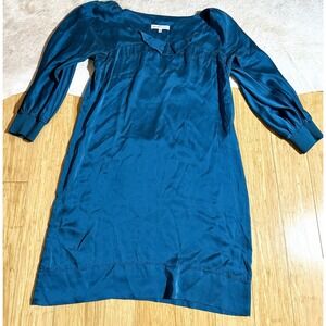 See‎ By Chloe Blue 100% Silk Boho Long Sleeve Dress Women's Size 8 V Neck Ruffle